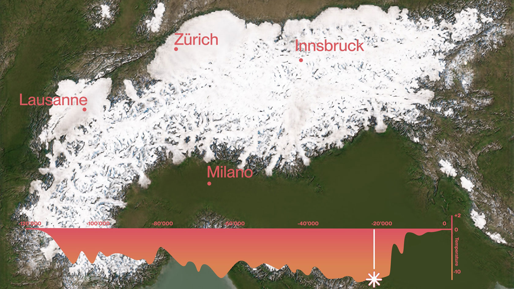 Die Alpen zum Zeitpunkt des letzteiszeitlichen Maximums vor etwa 24'000 Jahren. 