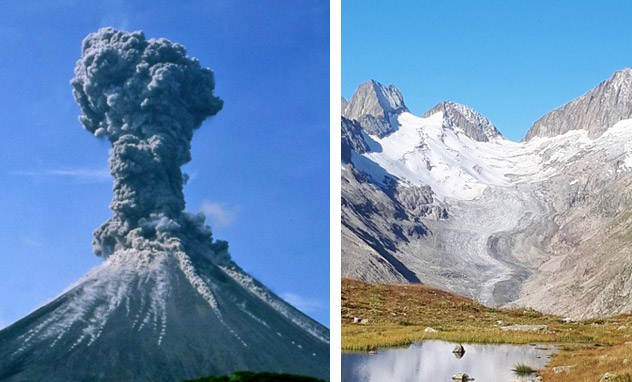 Der Ausbruch des Vulkans Pinatubo in den Philippinen in 1991 (links) und der Oberaargletscher in der Schweiz (rechts). 