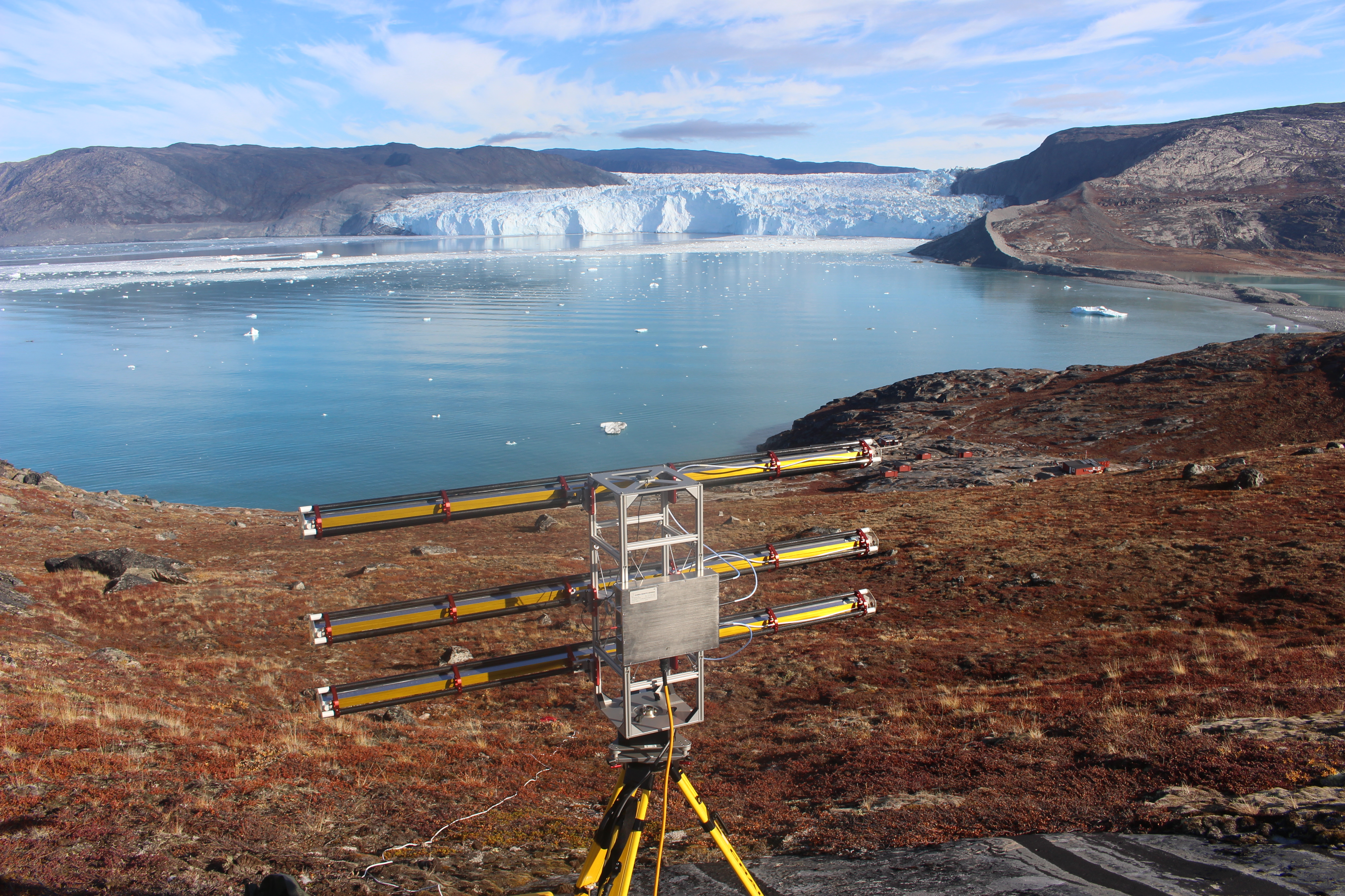 Gamma Portable Radar Interferometer measuring displacement of Eqip Sermia Glacier, Greenland (R. Mercenier)