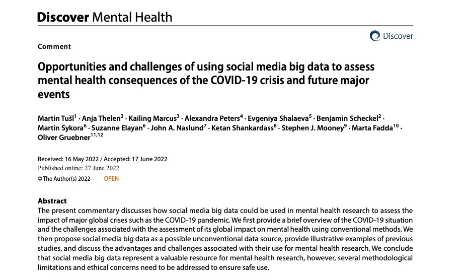 Opportunities and challenges of using social media big data to assess mental health consequences of the COVID‑19 crisis and future major events