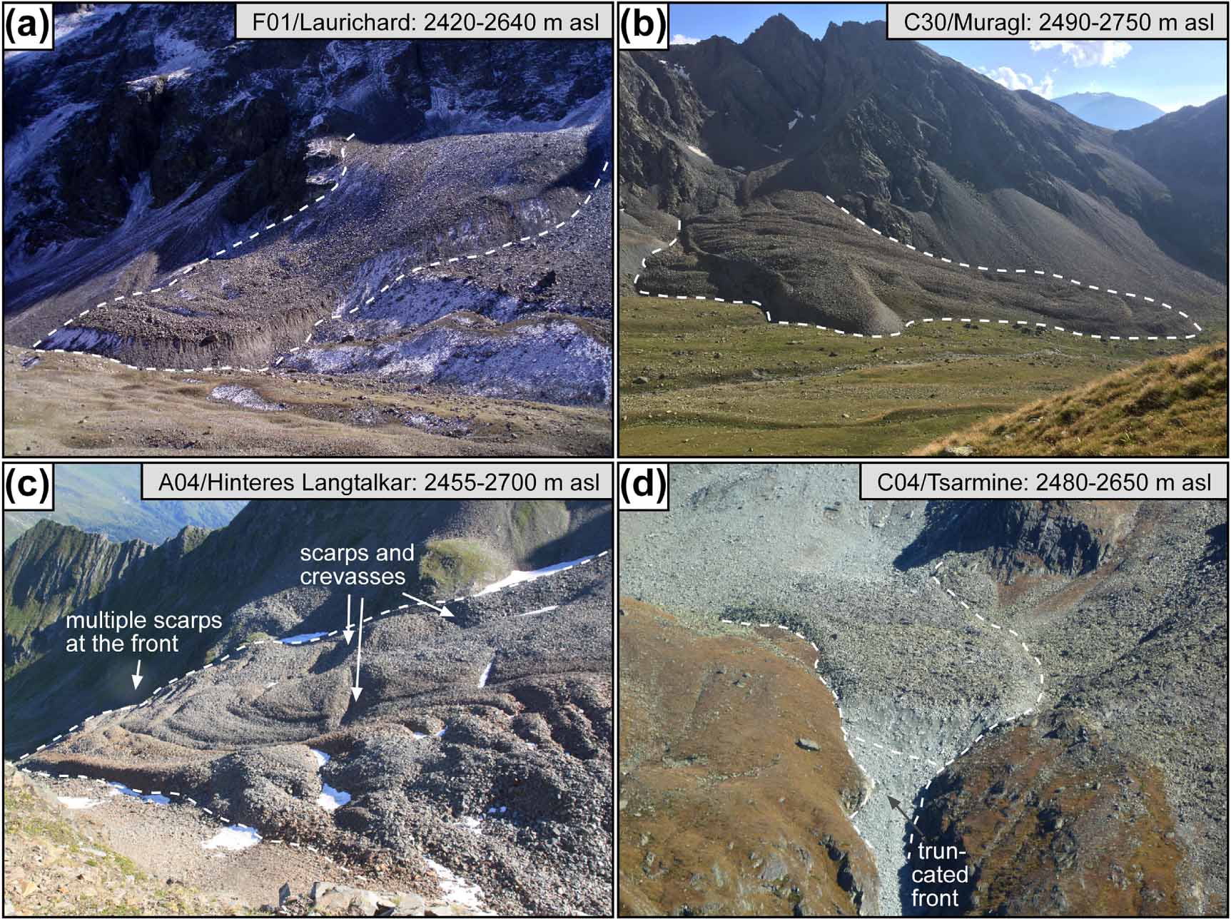 Four examples of investigated rock glaciers. Photos: (a) Xavier Bodin, (b) Isabelle Gärtner-Roer, (c) Andreas Kellerer-Pirklbauer, (d) Christophe Lambiel