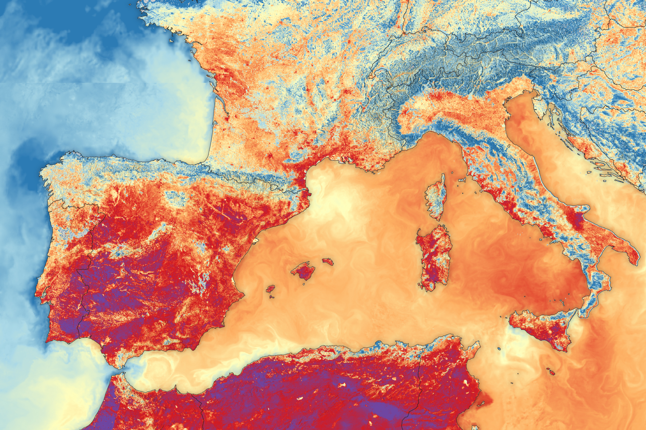 Display of the land and sea surface temperatures of 29th of June