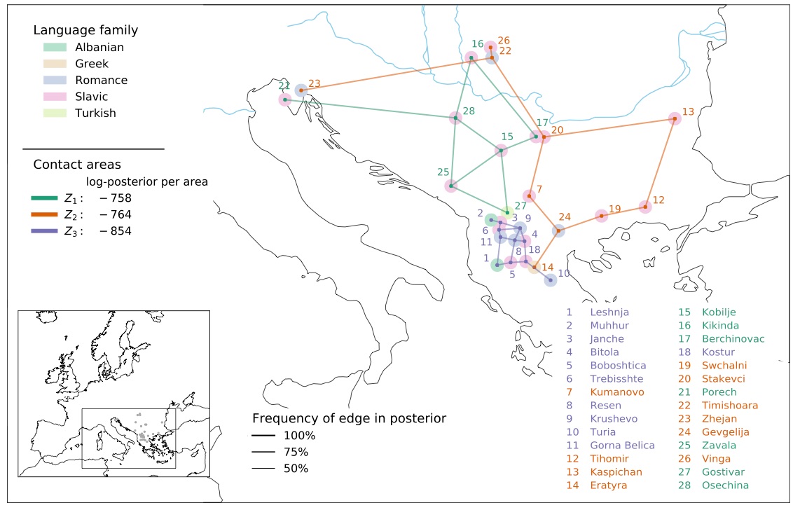 Contact-tracing in cultural evolution: a Bayesian mixture model to detect geographic areas of language contact