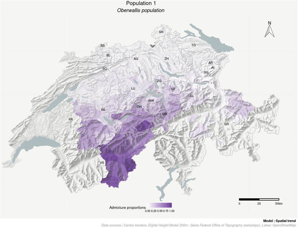 Map 2. Admixture proportions of Oberwallis population