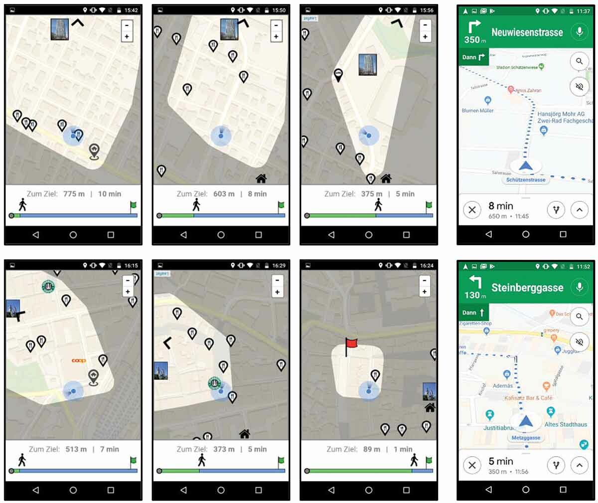 Screenshots of the novel navigation system and Google Maps