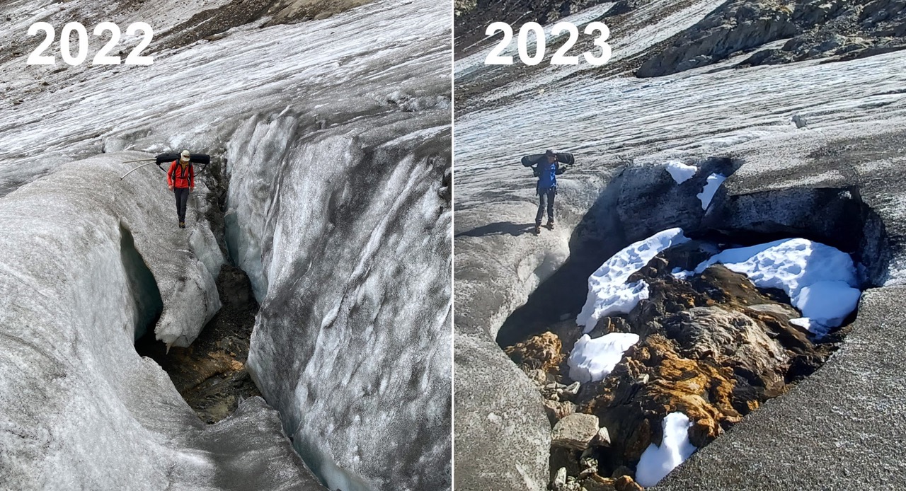 Der Zerfall des Griesgletschers (VS) schreitet schnell voran: Vor einem Jahr entdeckte man am Grund einer Spalte inmitten des Gletschers Fels. Nun ist eine regelrechte Felsinsel entstanden (Foto: A. Linsbauer / D. Farinotti)