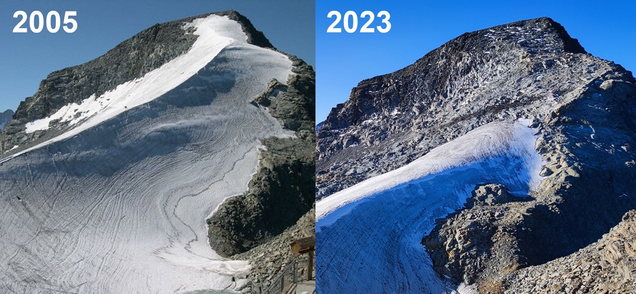 Das Verschwinden des ikonischen Eisgrats zum Piz Murtèl (GR), gesehen von der Bergstation des Piz Corvatsch, zeigt die Umgestaltung des Hochgebirges eindrücklich. (Foto: M. Huss)