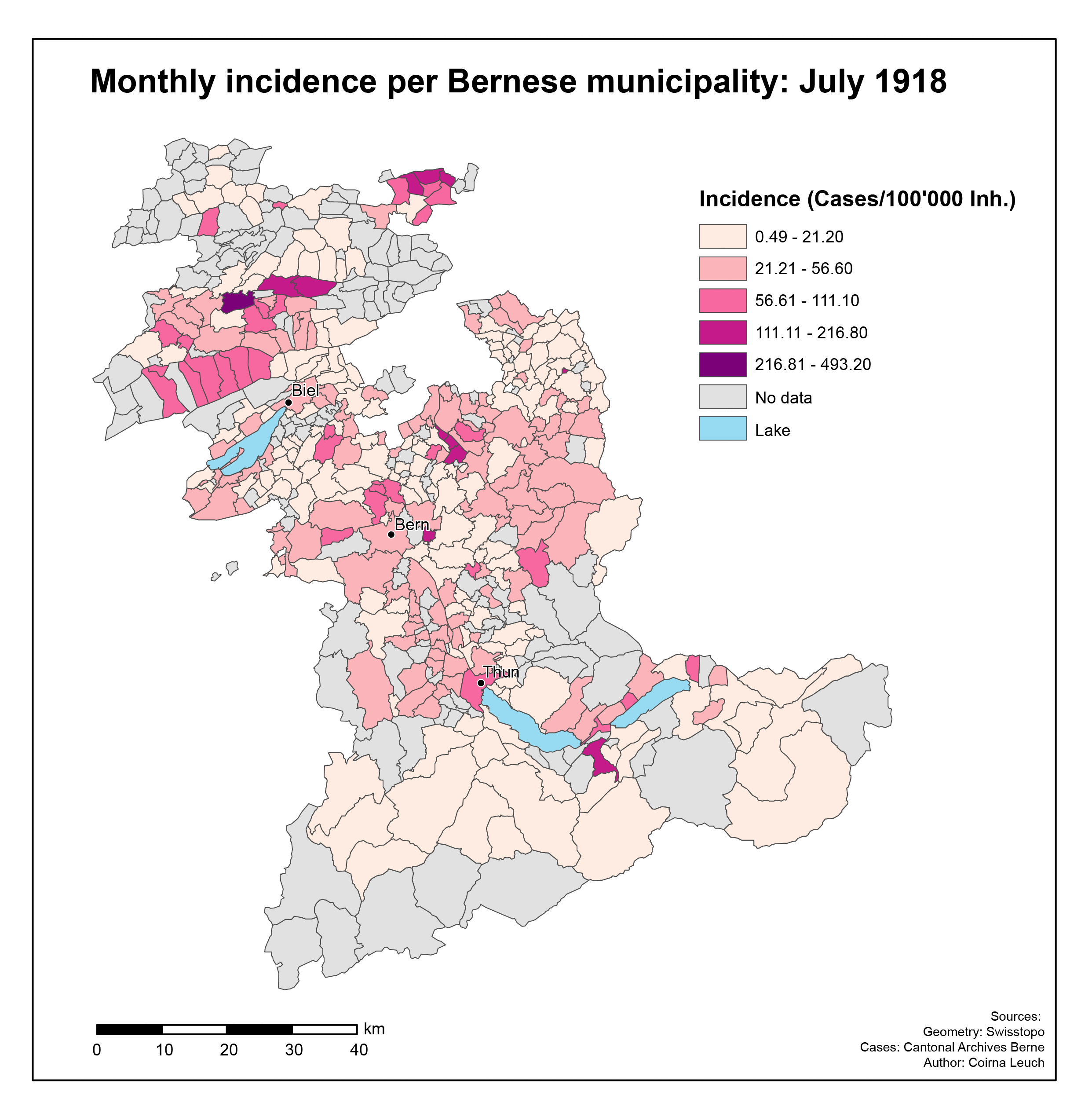 Monthly incidence in the communes of the canton of Bern, July 1918 - June 1919