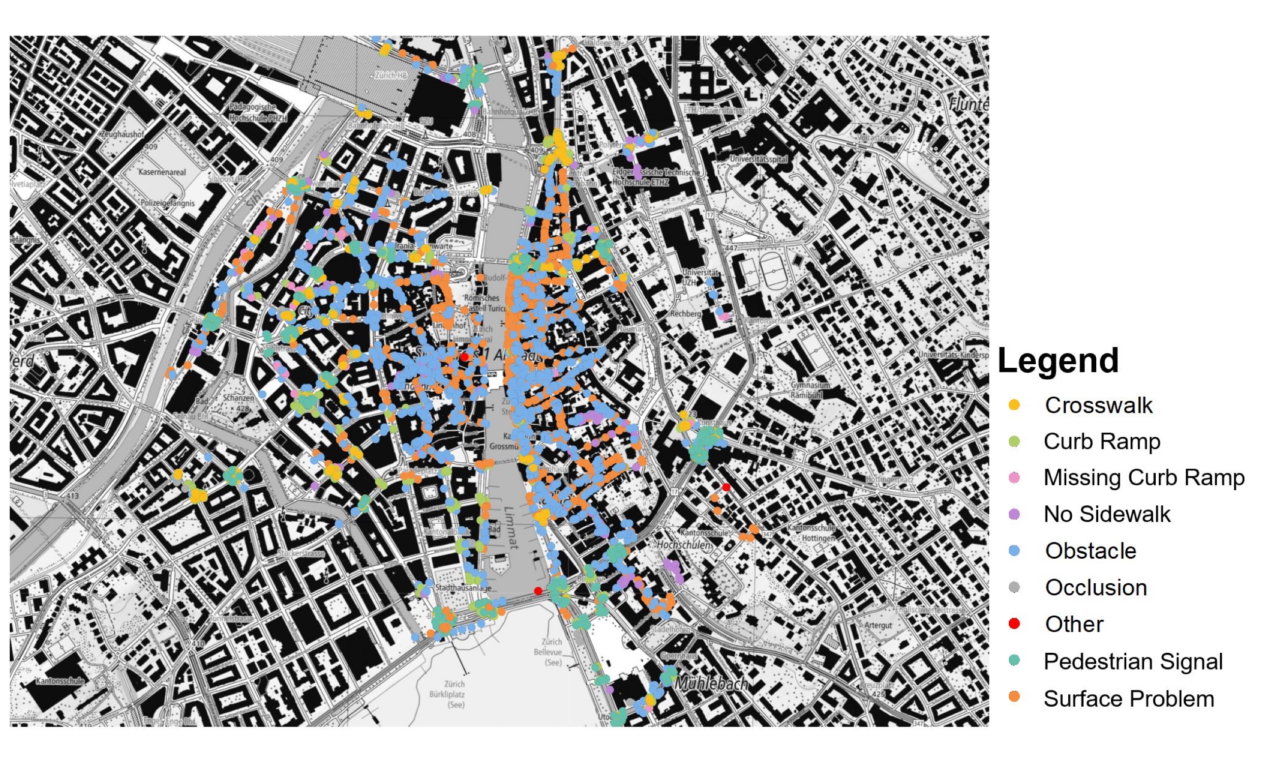 Accessibility data collected in District 1 of Zurich by ZuriACT participants using the Project Sidewalk tool