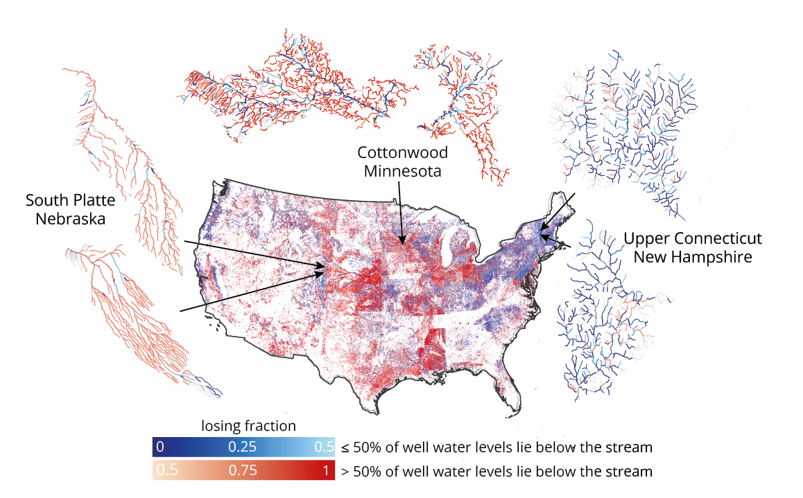 Gaining and losing streams across the contiguous United States